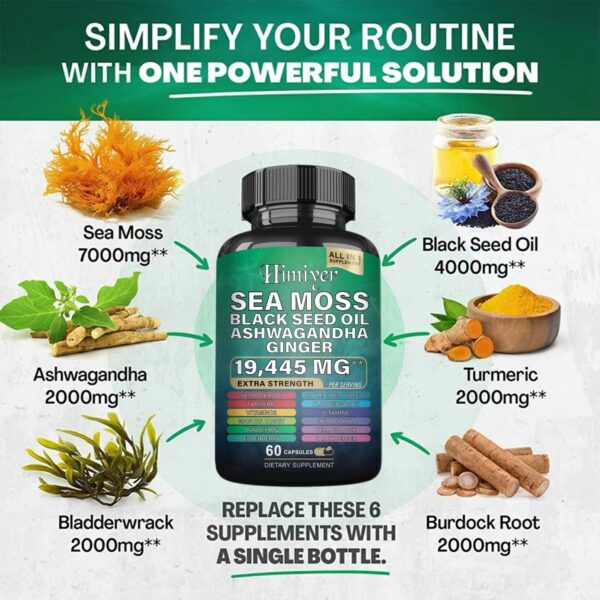 Sea Moss 7000mg Black Seed Oil 4000mg Ashwagandha 2000mg Turmeric 2000mg Bladderwrack 2000mg Burdock 2000mg & Ginger Vitamin C Vitamin D3 With Elderberry Manuka Dandelion Yellow Dock Chlorophyll ACV - Image 6