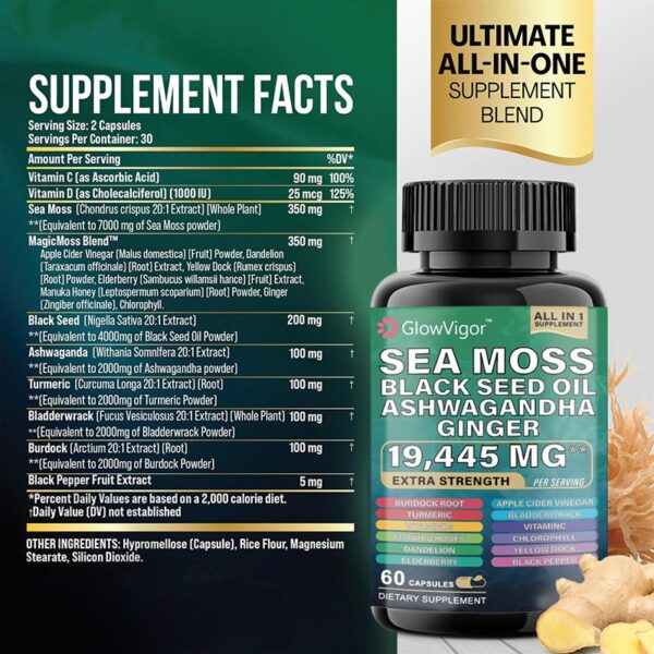 GlowVigor Sea Moss 7000mg Black Seed Oil 4000mg Ashwagandha 2000mg Turmeric 2000mg Bladderwrack 2000mg Burdock 2000mg & Ginger Vitamin C Vitamin D3 - Image 6